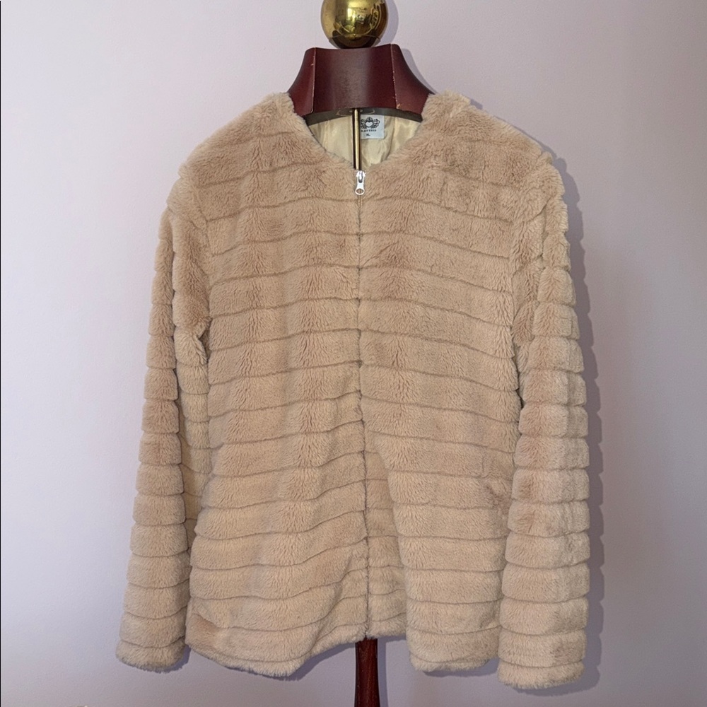 Katydid Beige Stone Faux Fur Bomber Jacket - Picture 3 of 9